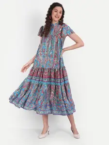 MINGLAY Blue Ethnic Motifs A-Line Midi Dress