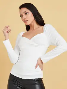 Styli White Long Sleeves Sweetheart Neck Knit Top