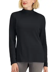 Macy's Karen Scott Women Black Solid Pure Cotton High-Neck Top