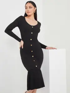 Styli Black Long Sleeves V Neck Bodycon Midi Dress with Button Detail