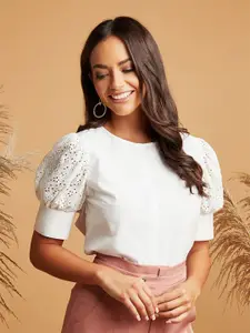 Styli Women Schiffli Puff Sleeves Top