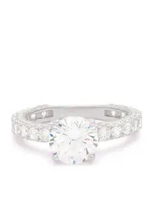 ANAYRA Silver-Toned White CZ Studded Sparkling Finger Ring