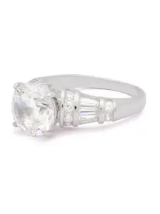ANAYRA Silver-Toned & White CZ-Studded Finger Ring