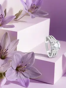 ANAYRA 925 Sterling Silver Silver-Toned White Stone-Studded Finger Ring