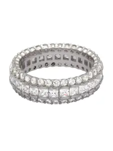 ANAYRA 925 Sterling Silver Silver-Toned White Stone-Studded Finger Ring