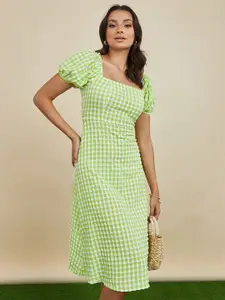Styli Square Neck Gingham Checked Puff Sleeves Midi Dress