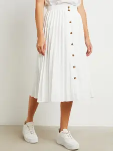 Styli Women White Solid Pleated A-Line Midi Skirt with Button Detail