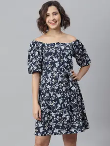 StyleStone Blue Floral Off-Shoulder Crepe A-Line Dress