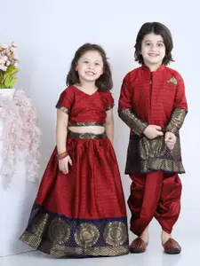 BownBee Girls Red & Blue Half Sleeve South Indian Pavda Pattu Lehenga Set