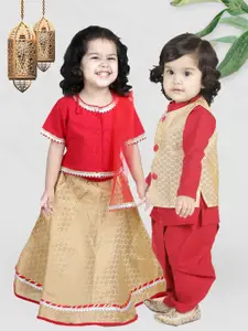 BownBee Girls Red & Cream-Coloured Cotton Front-Open Choli With Jacquard Lehenga