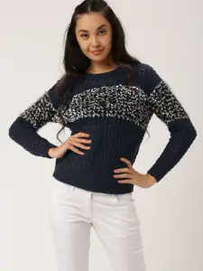 DressBerry Women Navy Blue Self Design Pullover