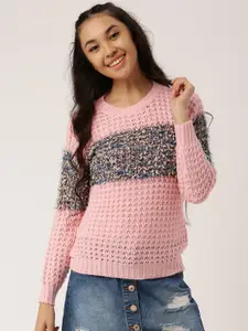 DressBerry Women Pink Self Design Pullover