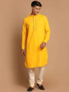VASTRAMAY Men Yellow Embroidered Empire Thread Work Kurti with Churidar
