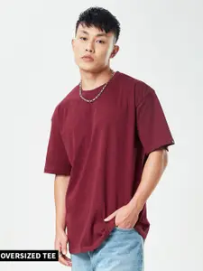 The Souled Store Men Burgundy Solid Round Neck Oversized T-Shirt