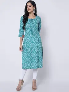 KIMAYRA Women Green Ethnic Motifs Printed Thread Work Kurta