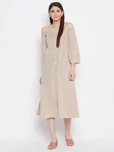 Bitterlime Brown & shifting sand Striped A-Line Midi Dress