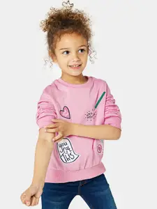 mothercare Girls Pink Typography Self Design Pure Cotton Sweatshirt With Applique Detail