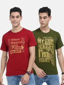Fleximaa Men Multicoloured & army green 2 Printed Raw Edge T-shirt