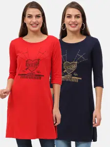 Fleximaa Red & Blue Pack of 2 Pure Cotton Typography Longline Top