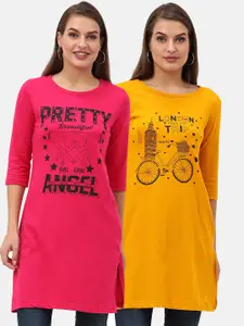 Fleximaa Set Of 2 Yellow & Pink Print Pure Cotton Longline Top