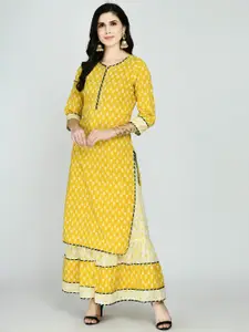 KALINI Women Mustard Yellow Ethnic Motifs Printed Layered Pure Cotton Kurti with Skirt
