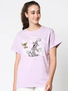 Bewakoof Women Purple & pale purple Typography Printed Extended Sleeves T-shirt