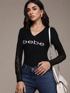 bebe Women Black Slim Fit Brand Logo Embroidery Lace Insert Sleeves V-Neck T-shirt