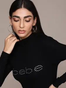 bebe Women Black Essential Solid Beads & Stones Detailing Slim Fit Casual T-shirt