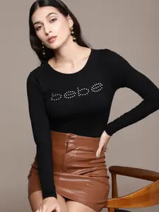 bebe Women Embellished Brand Logo Slim-Fit Solid T-shirt With Lace Detailed Back