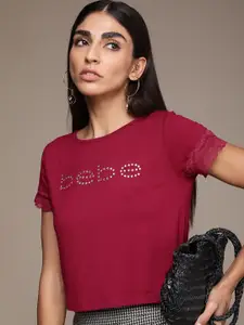 bebe Women Red Brand Logo Embellished T-shirt