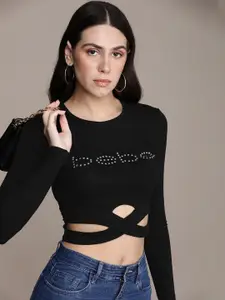 bebe Women Black Brand Logo Slim Fit Crop T-shirt