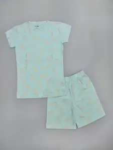 Taatoom Girls Turquoise Blue & Gold-Toned Printed Pure Cotton Night suit