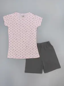 Taatoom Girls Pink & Grey Printed Night suit 100% Cotton