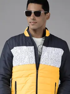 Pepe Jeans Men Yellow& Navy Blue Colourblocked Padded Jacket