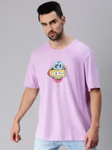 VEIRDO Men Purple Printed Drop-Shoulder Sleeves Raw Edge Oversized  T-shirt