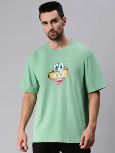 VEIRDO Men Sea Green Floral Printed Extended Sleeves Oversized  T-shirt