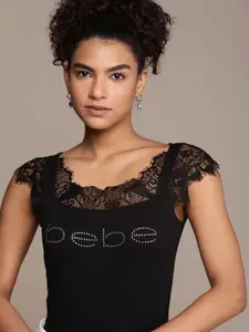 bebe Brand Logo Embellished Top With Lace inserts detail