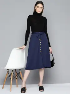 Chemistry Women Ribbed Button Detailed A-Line Skirt with Belt