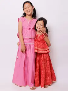My Little Lambs Girls Pink & Gold-Toned Printed Block Print Ready to Wear Lehenga &