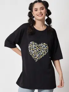 Kotty Women Black Typography Printed Oversized T-shirt