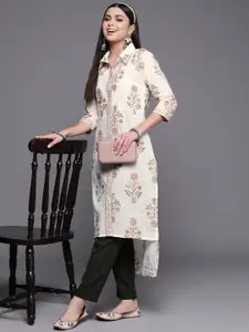 Ahalyaa Women Off White Floral Printed Pure Cotton Floral Kurta