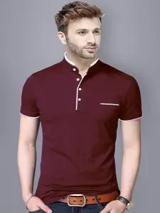 REYA Men Maroon Mandarin Collar T-shirt
