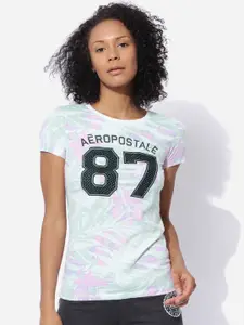 Aeropostale Women White & Green Printed Round Neck T-shirt