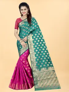 Hinayat Fashion Pink & Turquoise Blue Woven Design Zari Silk Blend Banarasi Saree