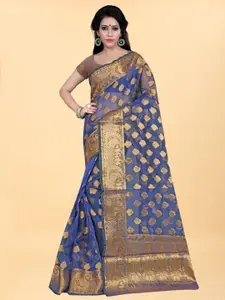 Hinayat Fashion Blue & Gold-Toned Woven Design Zari Silk Blend Banarasi Saree