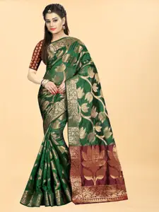 Hinayat Fashion Green & Maroon Ethnic Motifs Zari Silk Blend Banarasi Saree