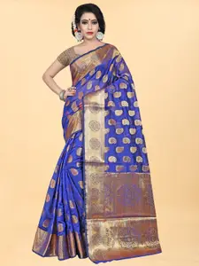 Hinayat Fashion Blue & Gold-Toned Woven Design Zari Silk Blend Banarasi Saree