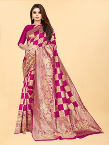 Hinayat Fashion Pink & Gold-Toned Woven Design Zari Silk Blend Banarasi Saree