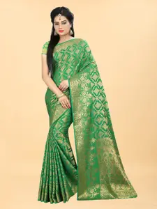 Hinayat Fashion Green Woven Design Zari Silk Blend Banarasi Saree