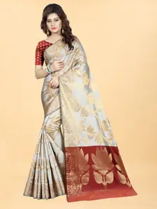Hinayat Fashion Grey & Maroon Woven Design Zari Silk Blend Banarasi Saree
